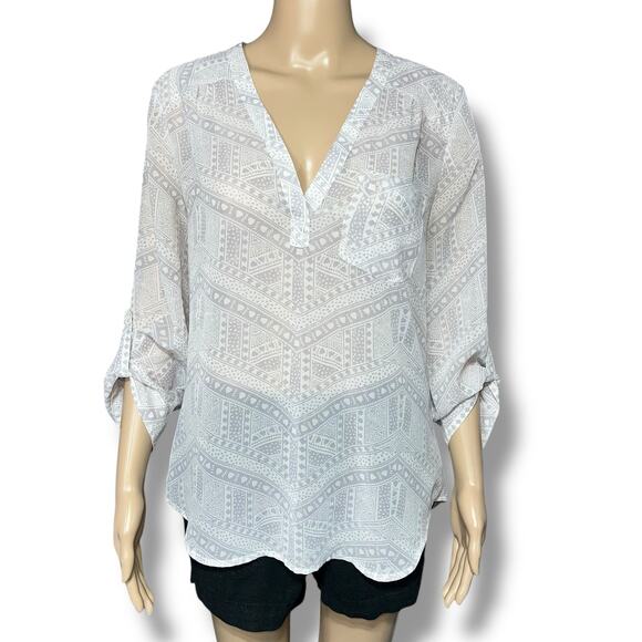 Maurices Womens Blouse Top Pullover V Neck Roll Tab Sleeve Nearly Sheer Gray Med - Picture 1 of 10